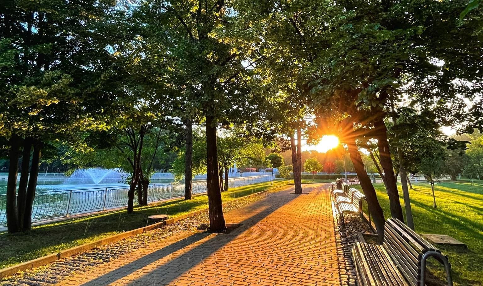 sunset in the park next to benches and water fountain
